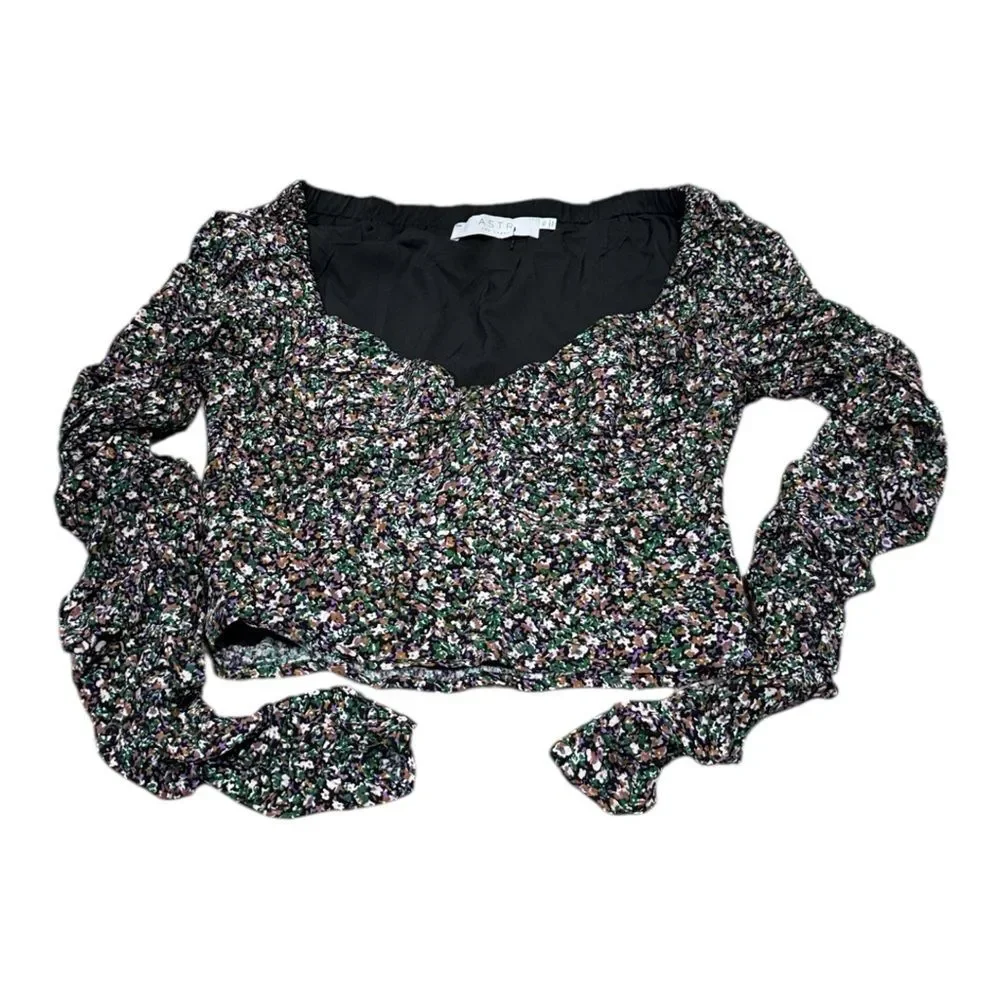 ASTR The Label Ditsy Floral Livie Top Blouse Black Green XS